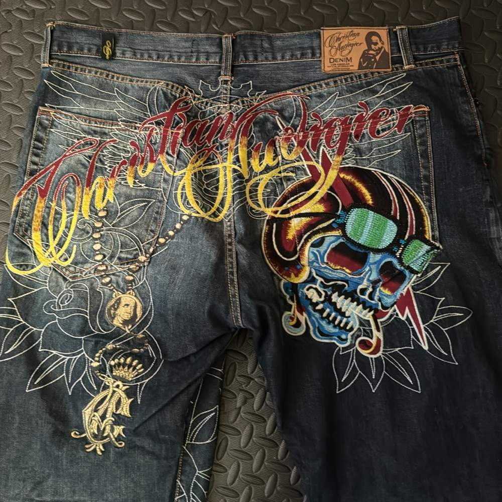 Christian Audigier Blue button fly Jean 42 x 34 Embroider, Hip Hop, skull, bling
